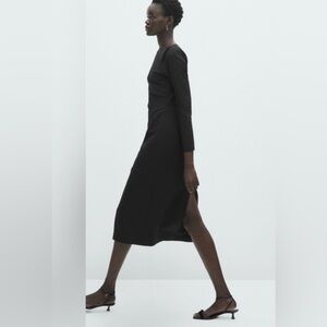 💄Massimo Dutti New Black Wool Blend Midi Dress with Gathered Side. Size S
